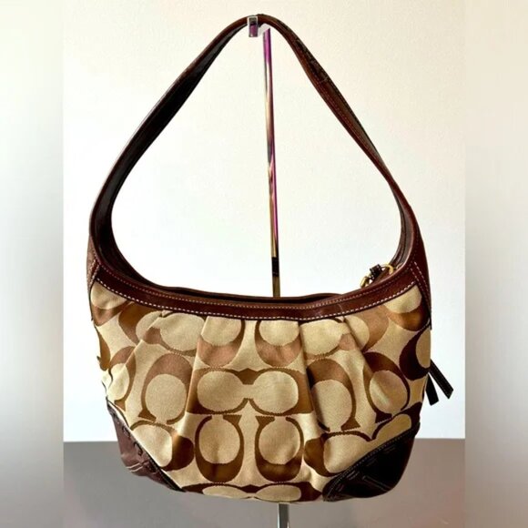 COACH Signature Hobo Brown Leather Trim Shoulder Handbag - Picture 11 of 11